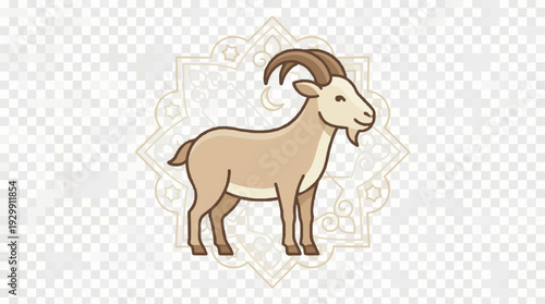 goat for Eid al Adha celebration, clean geometric shape, friendly simple expression, side view standing pose, smooth curved horns, soft earth tone color palette