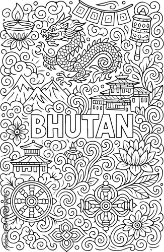Bhutan hand drawn vector illustration doodle art line art coloring page for kids