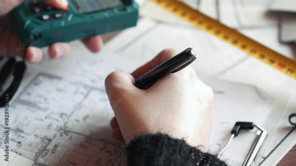 woman designer takes measurements and writes a diagram of apartment ...