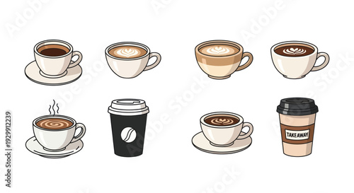 Collection of Coffee Cups and Takeaway Drinks in Cartoon Style