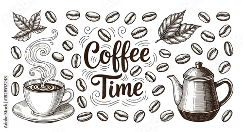 Coffee Time Hand Drawn Illustration: Cup, Teapot, Beans, Leaves