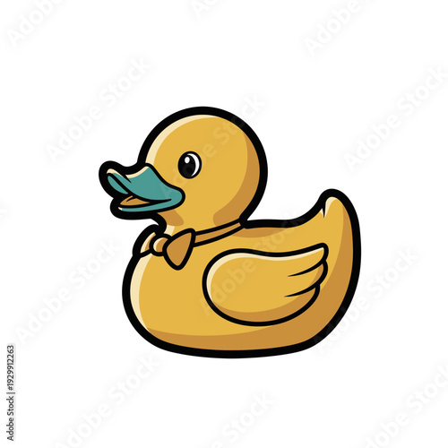 Cute yellow rubber duck wearing a bow tie, isolated on white background.