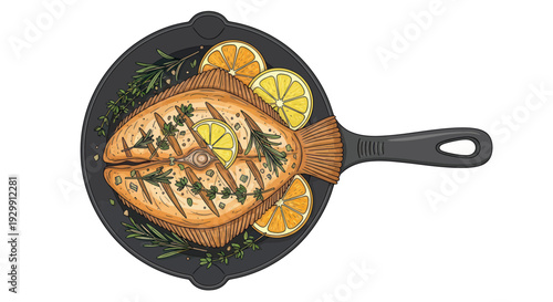 Delicious grilled fish with lemon and herbs in a cast iron pan, top view