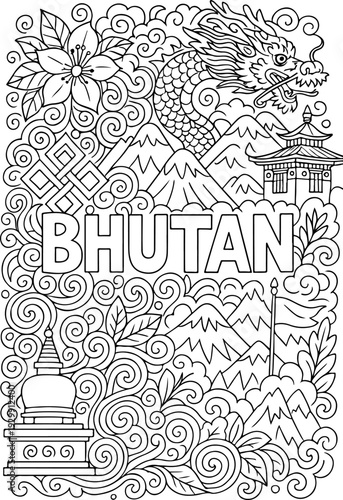 Bhutan hand drawn vector illustration doodle art line art coloring page for kids