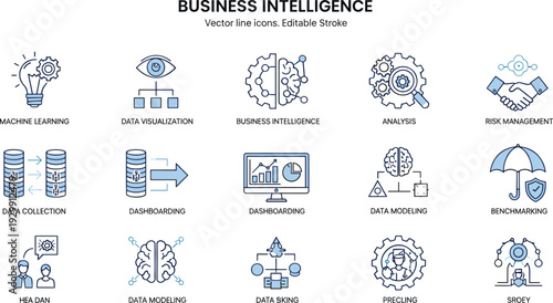 Two-tone icons for business intelligence data analytics machine learning risk management and corporate strategic modeling concepts