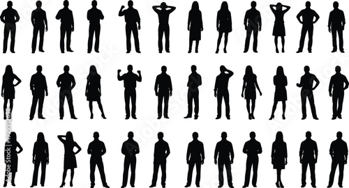 People silhouette set, business character icons, crowd standing, men women collection, person standing, office worker, human figures, diverse group, social community, team set, isolated vector.