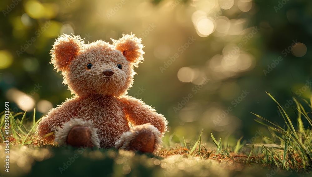 Fototapeta premium Sun-Kissed Teddy Bear - Soft Focus, Golden Hour Glow in Lush Green Grass.