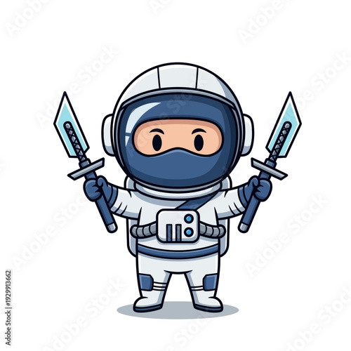 Cute Astronaut Ninja Warrior Character Holding Two Swords - Space Explorer and Stealthy Fighter Cartoon Vector Art