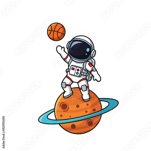 Playful Cartoon Astronaut Bouncing Basketball on a Ringed Planet in Space Illustration