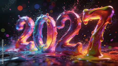 The number '2027' created from vibrant, glowing liquid paint splashes, dark background with colorful bokeh. Happy New Year, New Year
