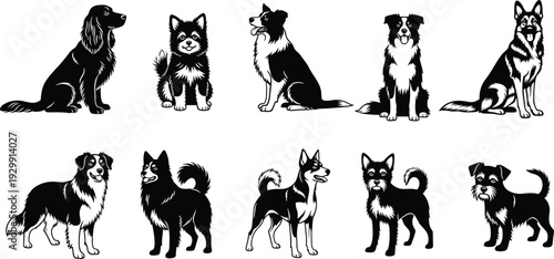 Black and white dog breed silhouette vector set featuring German Shepherd Border Collie and Spaniel icons for pet care branding and canine animal clinic.