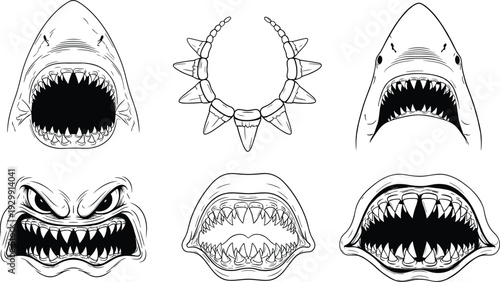 Black and white shark jaw silhouette vector set, scary open mouth with sharp teeth icons and prehistoric megalodon tooth necklace for marine predator branding.