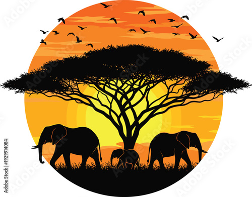 African elephant family silhouette vector at sunset, wild animals walking under acacia tree in savanna landscape with birds in orange sky for safari travel branding.
