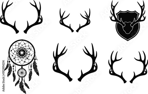 Black deer antler silhouette vector set with dreamcatcher and hunting trophy shield, rustic wildlife icons for forest nature branding and tribal outdoor adventure logo.