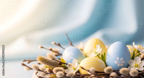 Easter eggs in a nest with flowers and branches on a table