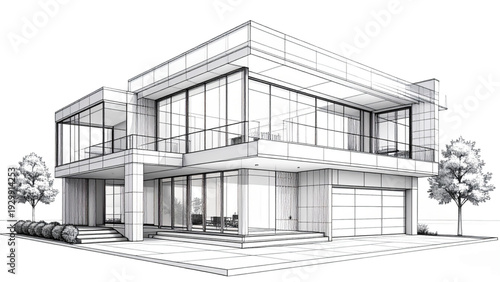 Modern Luxury House Wireframe Vector Illustration Glass Wall Architecture Design
