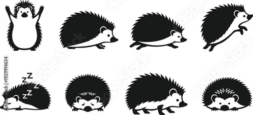 Cute hedgehog character silhouette vector set with multiple poses, adorable garden animal icons sitting running jumping and sleeping for children nursery branding and nature stickers.