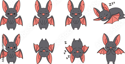 Cute cartoon bat character vector set featuring various poses like sleeping hanging upside down and flying for children nursery branding and spooky Halloween stickers.