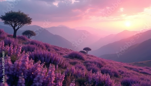 Purple flowers blanket hillside with trees under pink sunset sky and layered mountains. Soft light filters through clouds, creating calm, atmospheric scene. This tranquil view offers peaceful escape.
