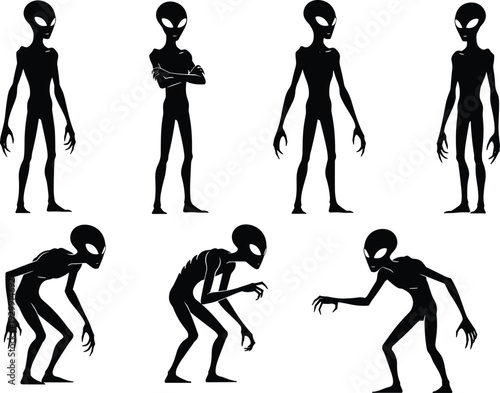 Extra-terrestrial grey alien character silhouette vector set, mysterious sci-fi humanoid creature icons in various standing and crouching poses for space horror movie branding.