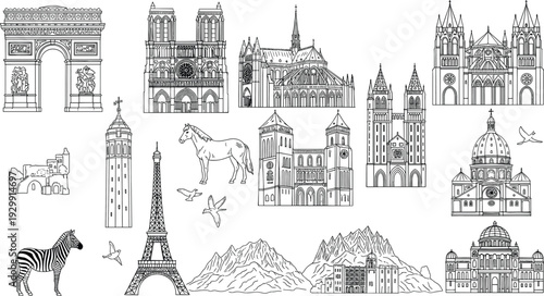 Cuadro en lienzo Detailed line art vector of European landmarks including Eiffel Tower Notre Dame and Arc de Triomphe for travel branding tourism logo and architectural sketches