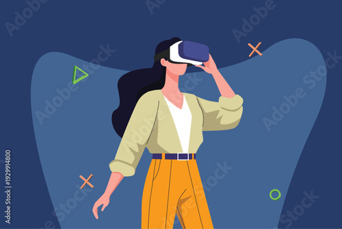 Person Engaging With Virtual Interface. Virtual Reality VR illustration. Vector flat design isolated.