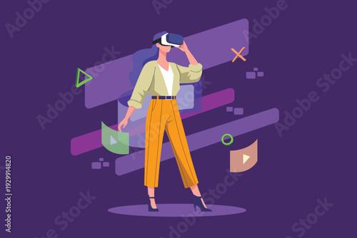 User Engaged In VR. Virtual Reality VR illustration. Vector flat design isolated.