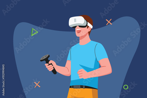 Person Experiencing Immersive Digital Simulation. Virtual Reality VR illustration. Vector flat design isolated.