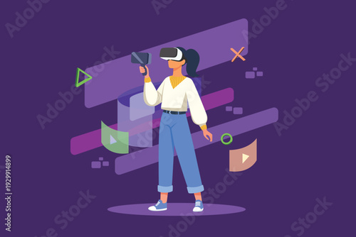 Person Navigating Virtual Reality Environment. Virtual Reality VR illustration. Vector flat design isolated.