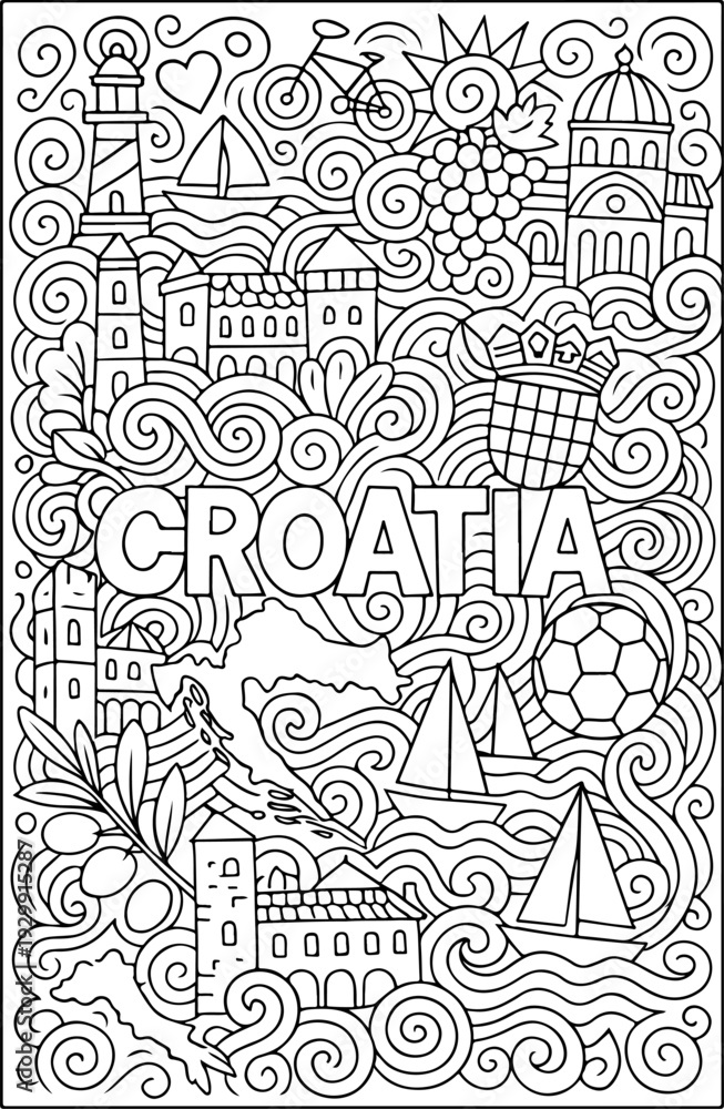 Obraz premium Croatia hand drawn vector illustration doodle art line art coloring page for kids