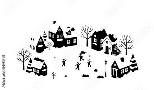 :
Winter village community scene with people walking houses trees snowfall cozy neighborhood circular composition silhouette vector illustration