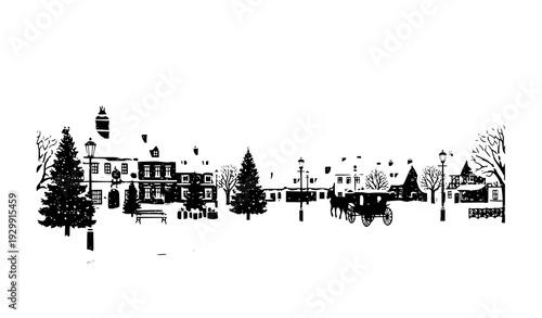 Winter village landscape silhouette with houses pine trees street lamps snowfall cozy small town panoramic vector illustration