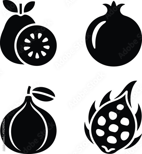 Exotic fruit silhouettes set featuring guava, pomegranate, fig, and dragon fruit icons