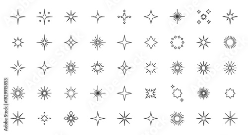 various vector sparkle and star icons for graphic design representing light magic and shine on web and ui elements.