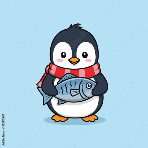 Adorable Cartoon Penguin Character Wearing Red Scarf and Holding a Fish. Cute Vector Illustration for Winter, Kids, and Seafood Themes.