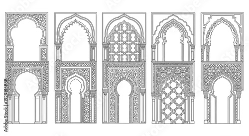 vector illustration showcasing diverse islamic architecture with moorish arches and intricate arabesque patterns ideal for cultural design projects.
