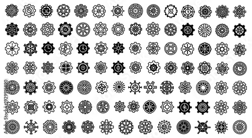 vector collection of intricate gear and cogwheel icons illustrating various mechanical parts industry and engineering concepts.