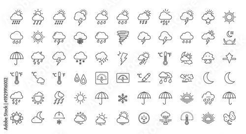 weather icons collection in a modern outline style depicting forecast symbols and climate conditions for digital design.