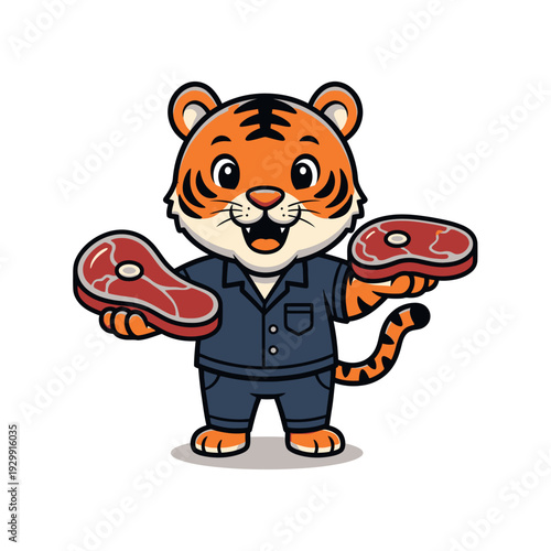 Smiling Cartoon Tiger Mascot Chef Holding Raw Steaks - Butcher Shop & Restaurant Concept