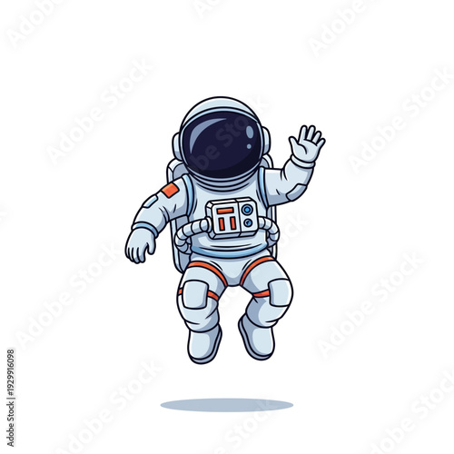 Cute Cartoon Astronaut Waving Hand while Floating in Space - Friendly Space Explorer Character Illustration