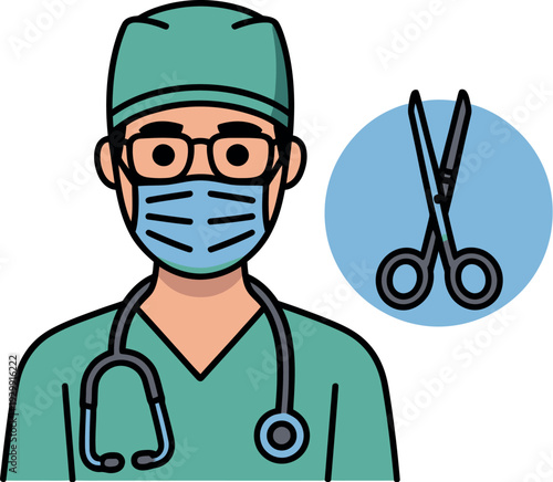A cartoon illustration of a surgeon wearing a mask and stethoscope with a pair of scissors nearby