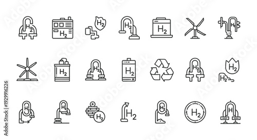 a collection of hydrogen energy icons illustrating sustainable h2 technology and clean fuel solutions for various applications