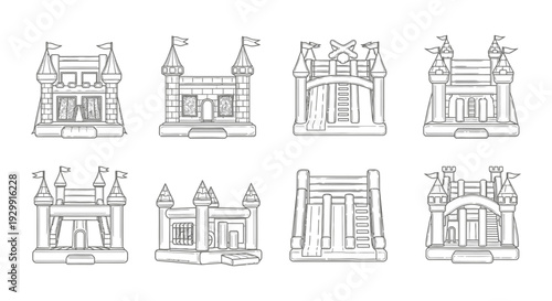 a collection of inflatable bounce house and bouncy castle vector illustrations for childrens party and amusement park themes.
