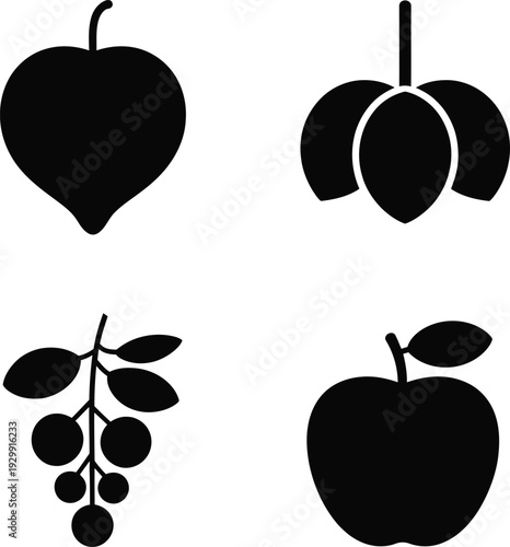 Mixed fruit and leaf silhouette set with apple, berry cluster, and heart shaped leaf, black vector icons isolated on white