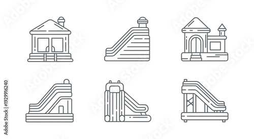 a collection of line art icons depicting various inflatable bounce houses and water slides perfect for kids outdoor play and party rentals