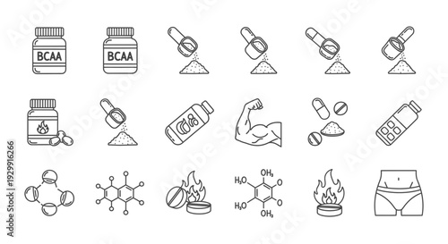 a collection of outline icons depicting various sport supplements bcaa protein powder fat burners and muscle gain for fitness and health.