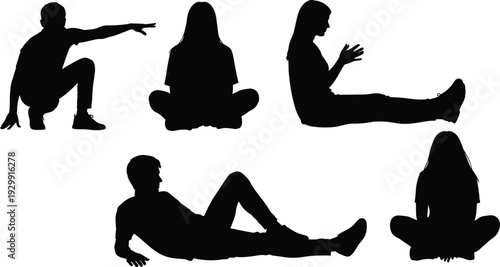 Vector silhouettes of people sitting, lying down, and crouching, diverse group of men and women in relaxed poses, isolated black human figures on white.