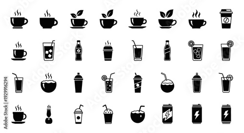 a comprehensive collection of beverage icons featuring hot coffee iced tea soda and energy drinks ideal for menu design.