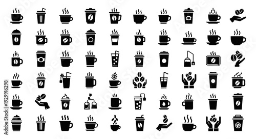 a comprehensive collection of minimalist coffee and tea icons ideal for cafe branding digital menus and beverage-related graphic design.