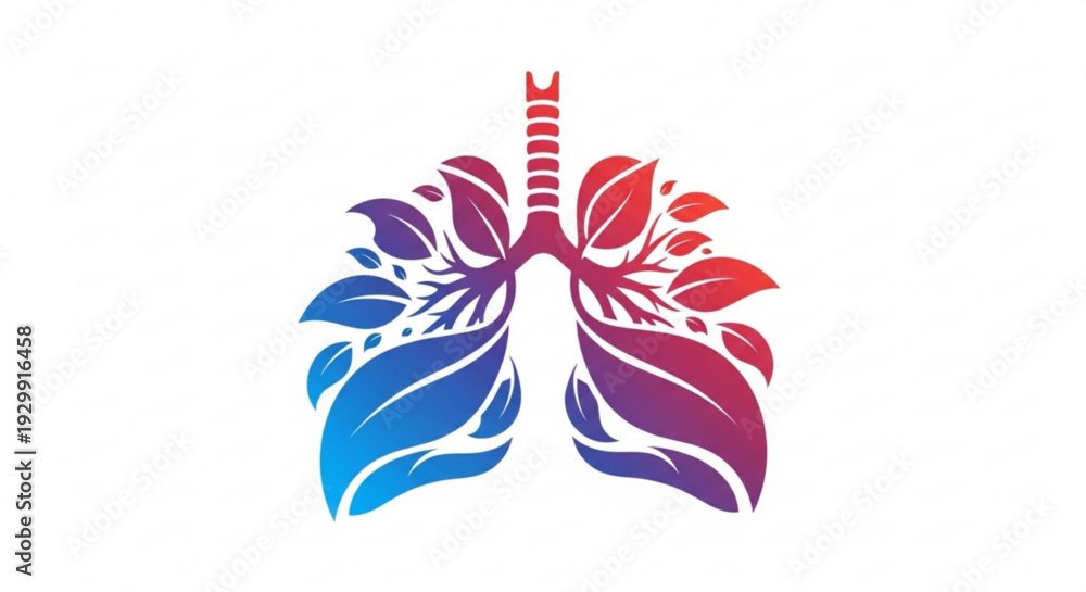 Obraz premium Vibrant gradient lungs with leaves symbolizing health and nature on white background